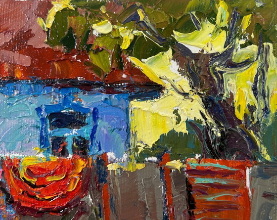 Image 1 of Peinture à l'huile originale, paysage de village d'été. Le soir est arrivé.