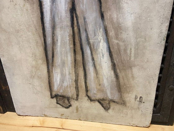 Image 1 of Antique Painting on Wooden Panel, Clown in the Style of Bernard Buffet, Double-Sided