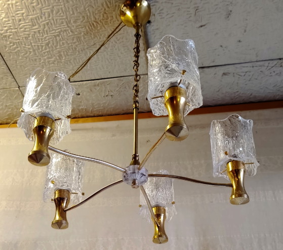 5-lichts verguld messing en perspex Kroonluchter - jaren 60/70 – Brass (photo 4 of 10)