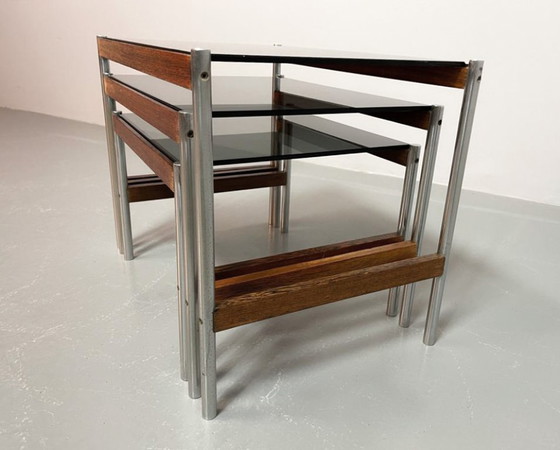 Image 1 of Fristho Mid-Century Dutch Design Nesting Tables with Smokey Glass Top and Wenge with Chrome Base, Set of 3, 1960s.