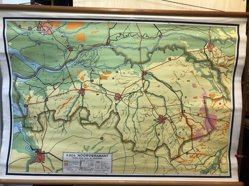 Vintage schoolplaat schoolkaart Noord-Brabant 115 x 84 Bos Noordhoff