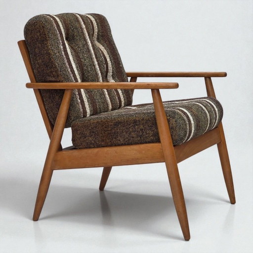 Anni '70, poltrona danese, legno di faggio, tessuto di lana per mobili.