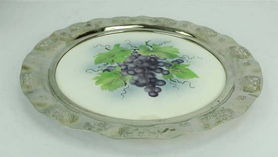 Image 1 of art nouveau art déco CAKE PLATTER cake plate ceramic and metal grape decor