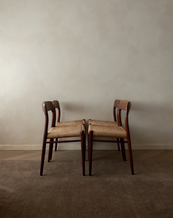 Image 1 of Vintage Danish Dining Chairs Model 75 by Niels Otto Møller for J.L. Møllers Møbelfabrik, Teak Paper Cord Chairs, 1950s, Set of 4