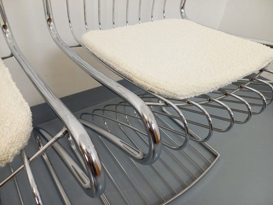 Image 1 of Suite van 4 Gastone Rinaldi Vintage Italiaanse stoelen in verchroomd metaal en Bouclettes stof uit de jaren 70