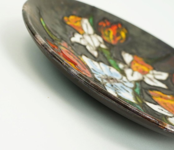 Image 1 of Assiette murale vintage Ruscha années 1960-1970, bol en lave épaisse, fleurs orange et blanches