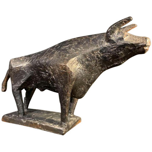 Sculpture animalière de taureau brutaliste en grès émaillé par Mario Peruggini, années 1960