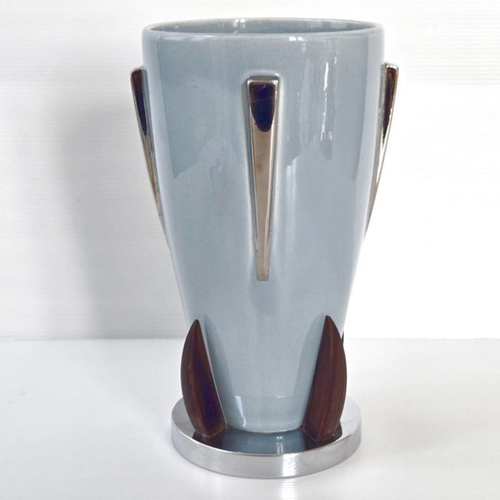 Image 1 of Vintage Scandinavian Art Deco Vase, 1920s, Ceramic, Rosewood, Chrome, Retro