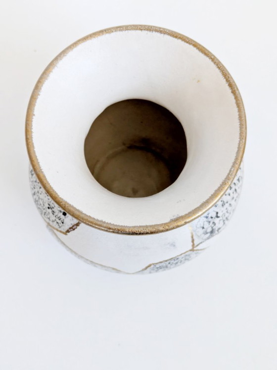 Image 1 of Midcentury Ü-Keramik Vase 1960s West German Pottery, Black and White Geometric Decor Gold Rim