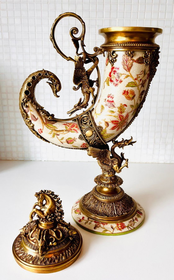 Image 1 of ¡¡¡¡¡UNA CORNUCOPIA DE PORCELANA MONTADA EN BRONCE CUERNO 53 CM OBRA MAESTRA !!!!!