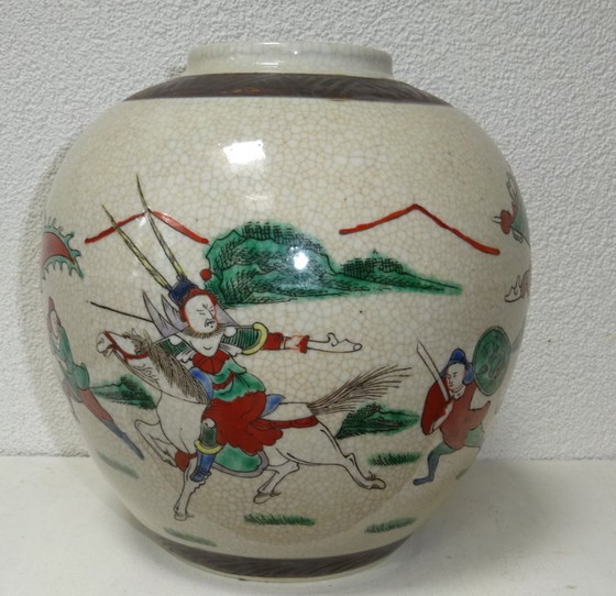 Vasi asiatici craquelé con decorazione di guerrieri, set di 3, Ceramica, Crema, Aziatisch (foto 6 di 15)