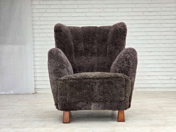 1960s, Danish design, reupholstered armchair, genuine sheepskin., Other, Brown (photo 18 of 20)