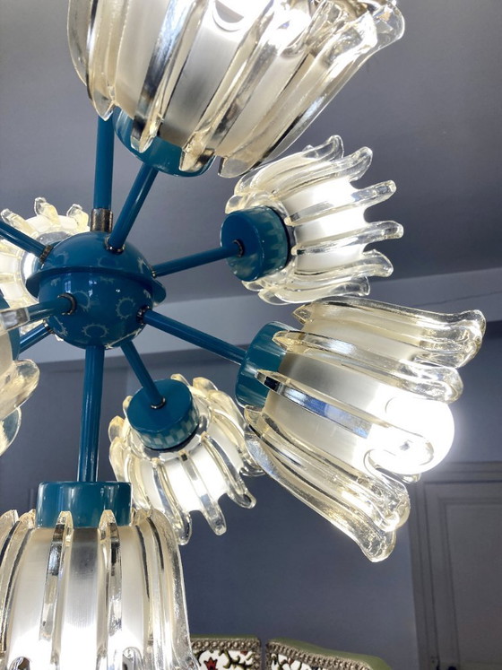 Image 1 of Large 9-light chandelier in molded glass and turquoise metal, Leclaire & Schäfer – 1960s