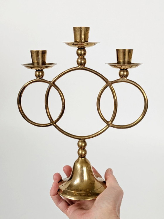 Image 1 of Candélabre vintage en laiton, porte-bougie conique à 3 bras, style milieu du siècle