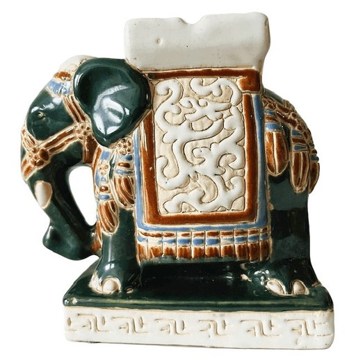 Vintage Oriental elephant ceramic green plant stand boho 1970s