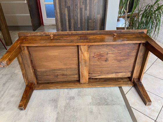 Image 1 of Rustic farmhouse coffee table in solid wood with 2 drawers, circa 1930
