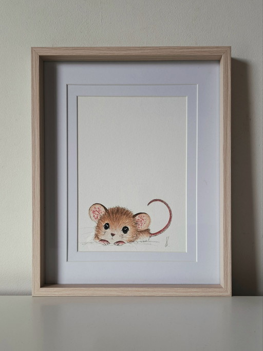 Origineel aquarel schilderij muisje | Met lijst