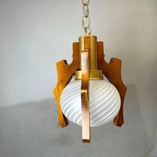 Hanglamp in Scandinavische stijl van hout en gestreept glas, jaren 70 – hanglampen, Wood (photo 2 of 14)