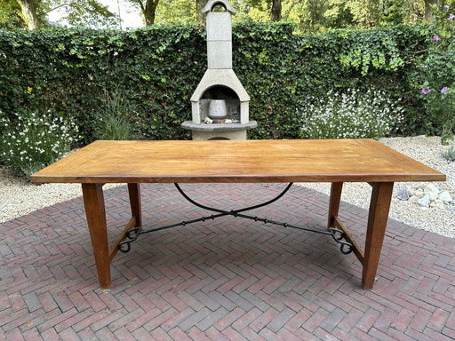 Oude Spaanse reftertafel – massief hout & smeedijzer – 218 cm – eettafels, Iron, Wood