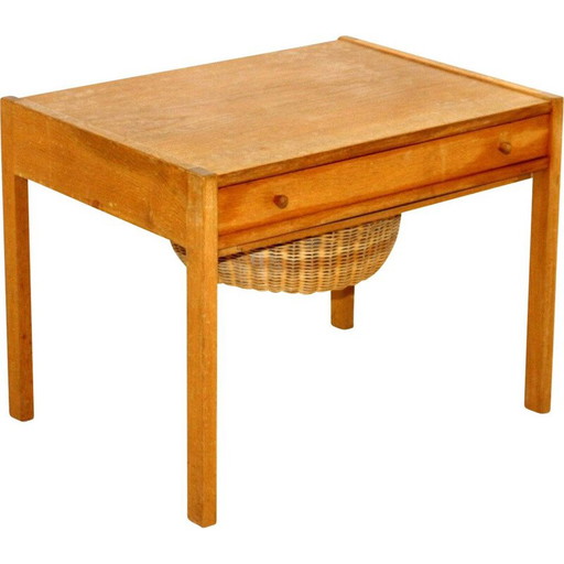 Tavolo da cucito vintage in rovere e rattan, Danimarca 1960