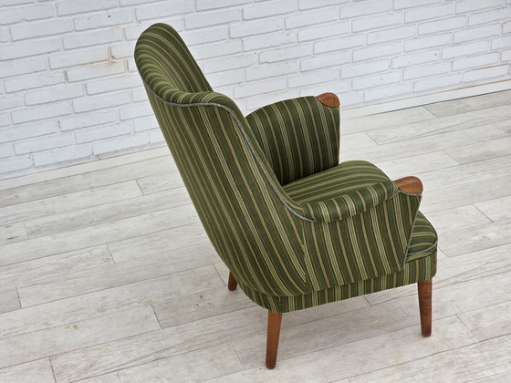 Image 1 of 1960er Jahre Dänischer Sessel, Grüne Möbelwolle, Teakholz