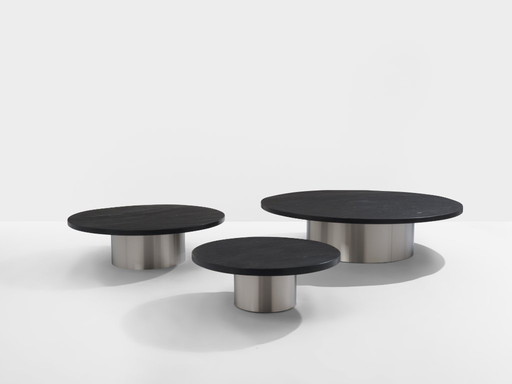 Set of three large slate tops coffee tables brushed steel 1970s