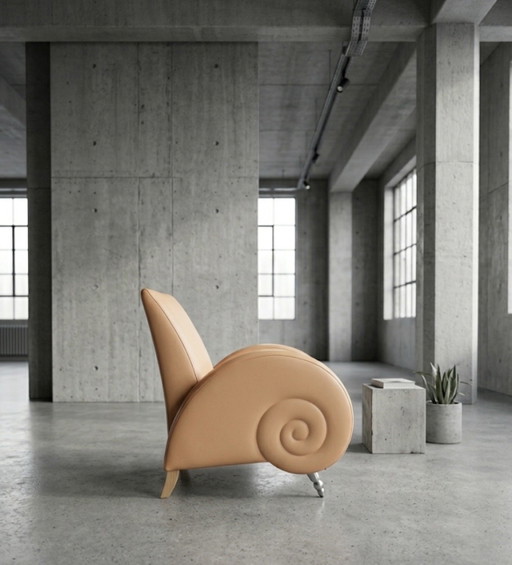 Exclusivo sillón escultural con forma de caracol – Piel amarilla – Estilo Art Déco
