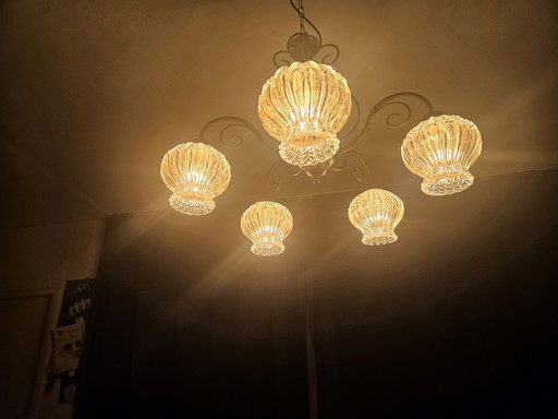 Lot de 5 abat-jour exclusifs vintage Hollywood Regency, ambre chaud & verre gaufré