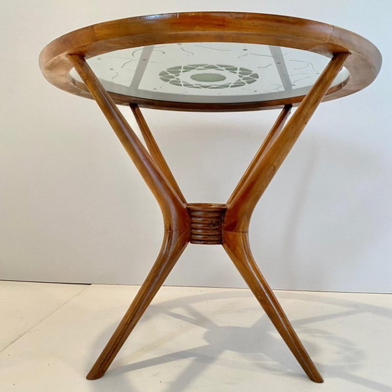 Image 1 of 1x Gebogener Couchtisch aus Holz mit Spinnenbeinen, Holz & Glas, Italien, 1950er Jahre
