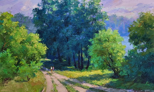 Dipinto ad olio originale Natura Paesaggio Campagna Strada verso il fiume