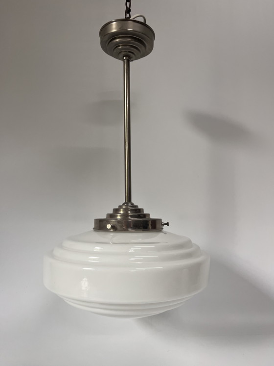 Image 1 of Lampada da soffitto vintage gispen lampada da sala in vetro bianco a pendolo cromo
