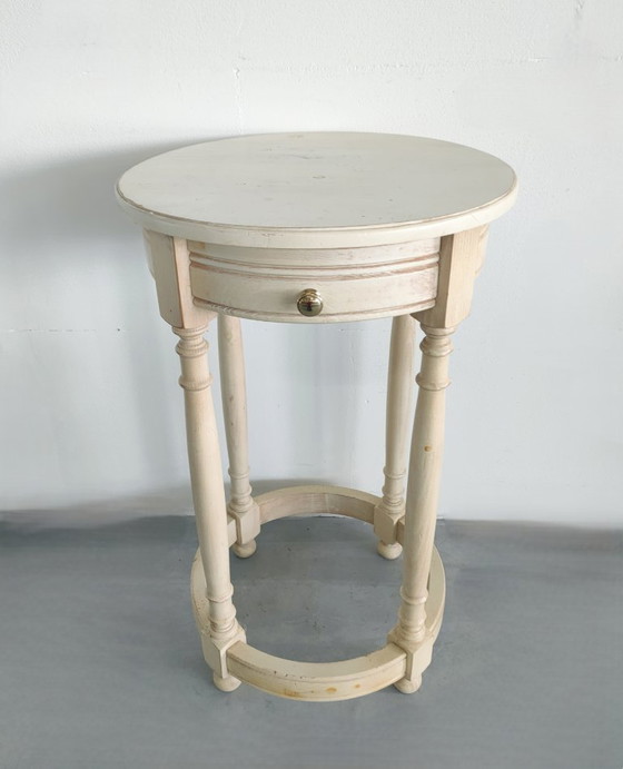 Vintage Brocant 'Farmhouse' Ronde Bijzettafel Plantentafel Haltafel (Créme/Wit) – Wood (photo 12 of 12)