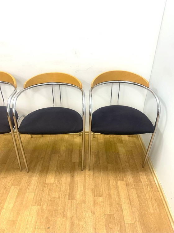 Image 1 of Set of 4 Chrome and Wood Chairs, Italy, 1980s