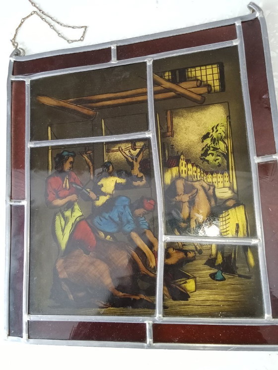 Image 1 of Antiek Glas in Lood Slagers Slachthuis Koeien