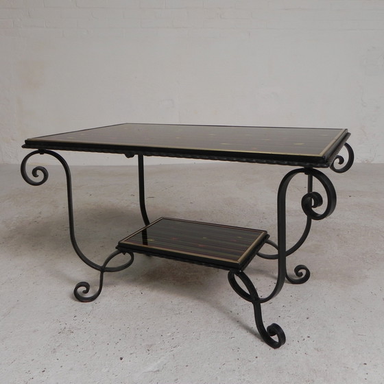 Image 1 of Table basse vintage avec 2 plateaux en verre avec impression des années 50
