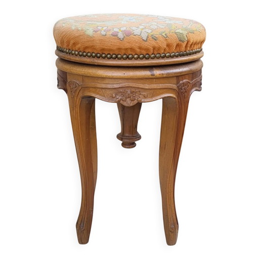 Drehbarer Klavierhocker mit Spindel, Stil Louis XV, aus Nussbaumholz.