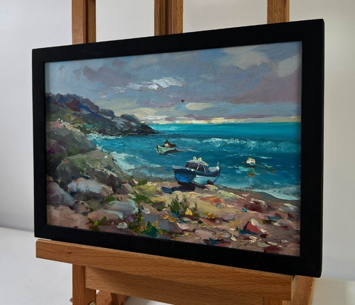 Original Oil Painting Summer Coastal Landscape Sea Waves Crashing Against Sharp Shores