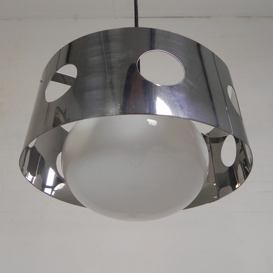 Image 1 of Vintage Hanglamp Met Chromen Cilinder En Glazen Bol