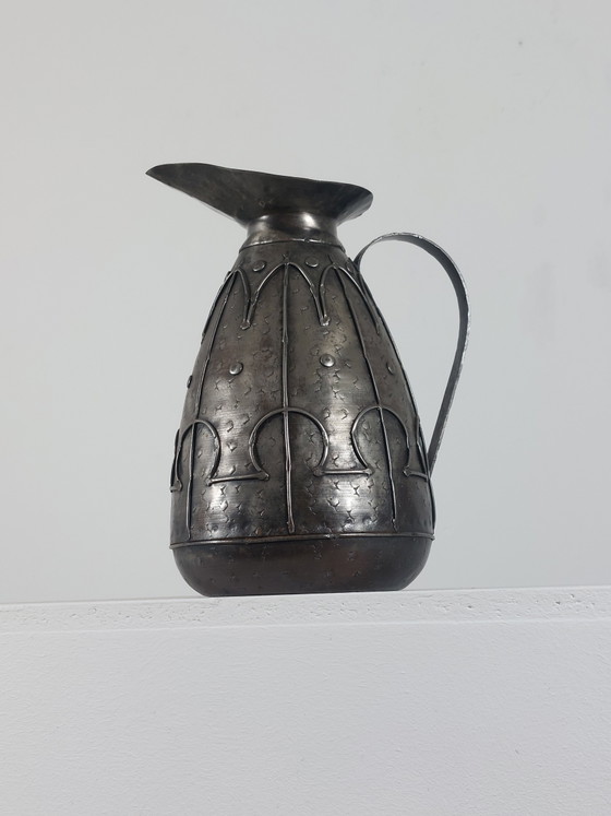 Image 1 of Hand-forged arts and crafts metal jug, carafe, vase, Brutalist style, France