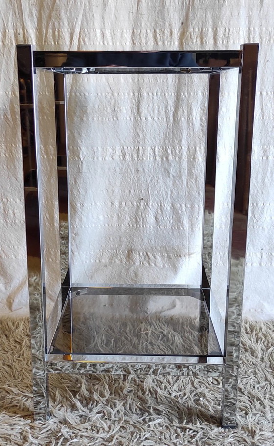 Image 1 of Table D'appoint En Métal Chromé Et Verre Fumé - Années 70/80