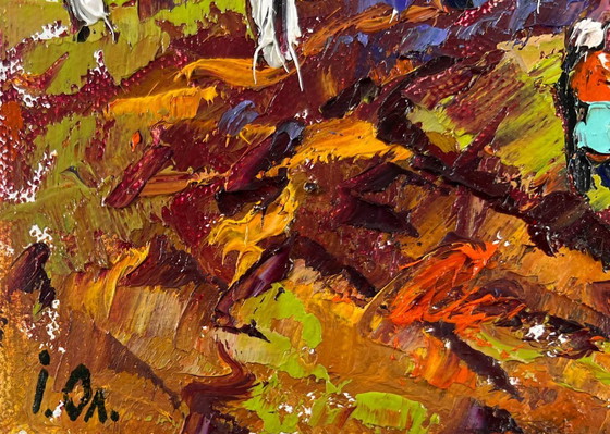 Image 1 of Original Oil Painting Autumn Village Landscape Waking garden beds