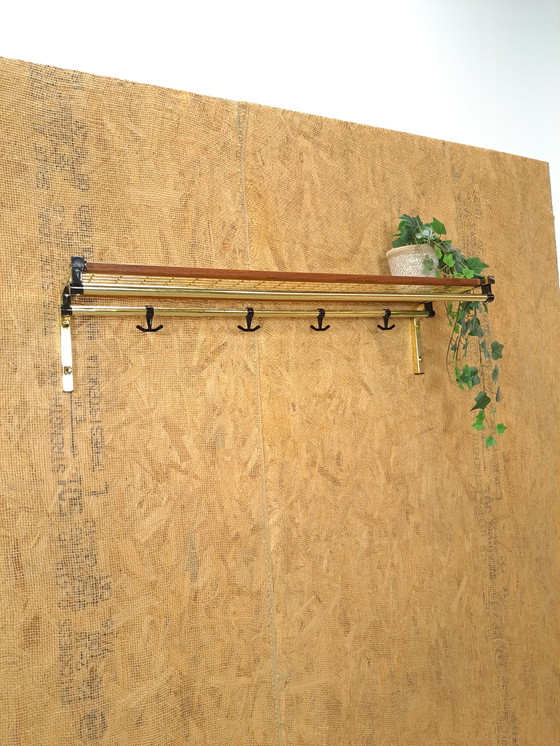 Image 1 of Coat Stand Habo From Sweden Gold Color With Teak And Shelf No. 2