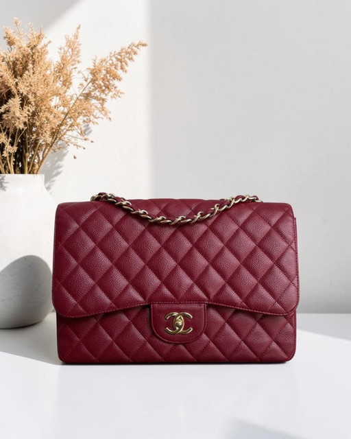 Borsa Chanel Classic Flap Jumbo - Caviar 30CM Single Flap Trapuntata Borgogna Rosso Scuro Finiture Oro Serie 13