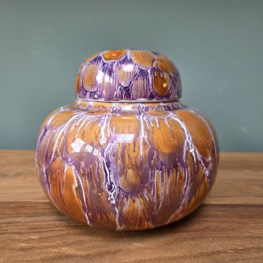 Keramieken dekselpot 70's met oranje en paars druipglazuur, retro, ginger jar-vorm