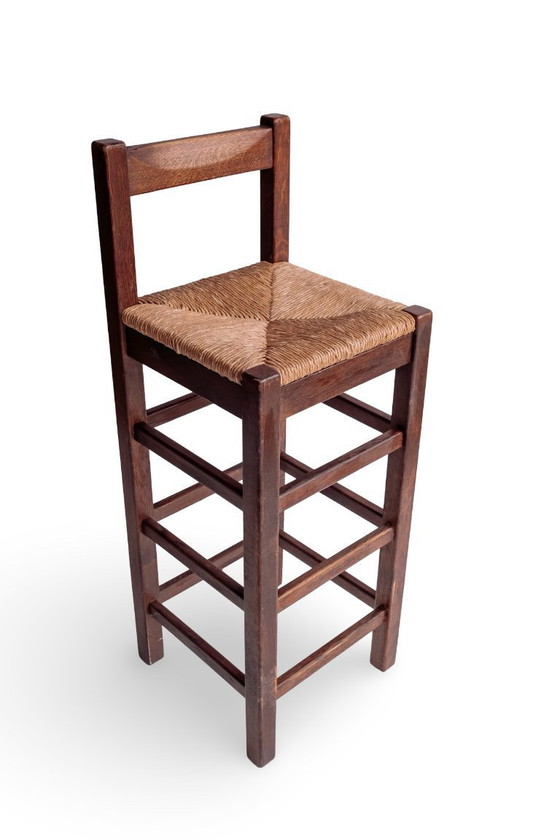 Image 1 of 2x tabourets de bar vintage en bois avec assise en jonc