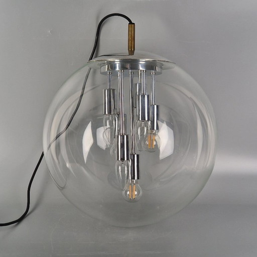 Vintage Space Age hanglamp, glas en verchroomd metaal, toegeschreven aan Doria Leuchten (jaren 60)