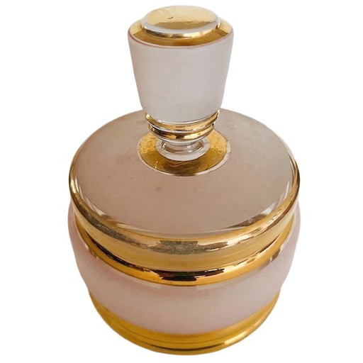 Scatola portacipria Art Déco in vetro rosa oro 1950