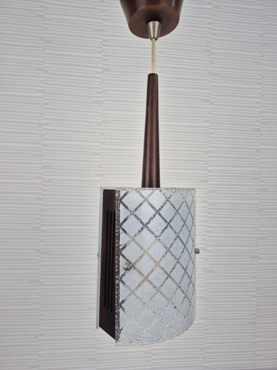 Mid-Century Pendant lamp in teak and embossed glass. Vintage lamp., Wood, Brown (photo 11 of 14)