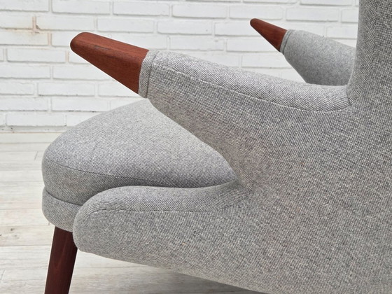 Image 1 of 1960er Jahre, dänischer „Teddy-Stuhl“ mit Hocker, neu gepolstert, Wolle, Teakholz.