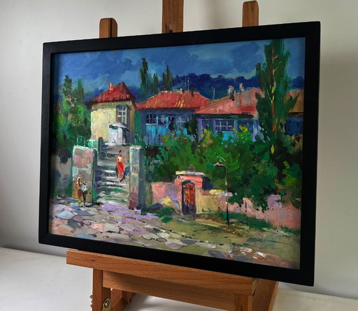 Original Oil Painting Summer House Landscape Old city building with stairs